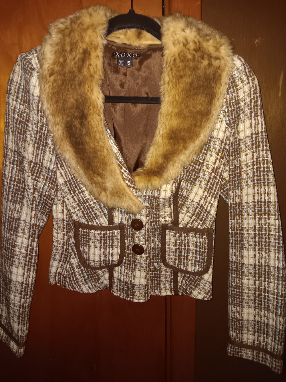 XOXO Brown & Cream Plaid Tweed Blazer with Faux Fur Shawl Collar